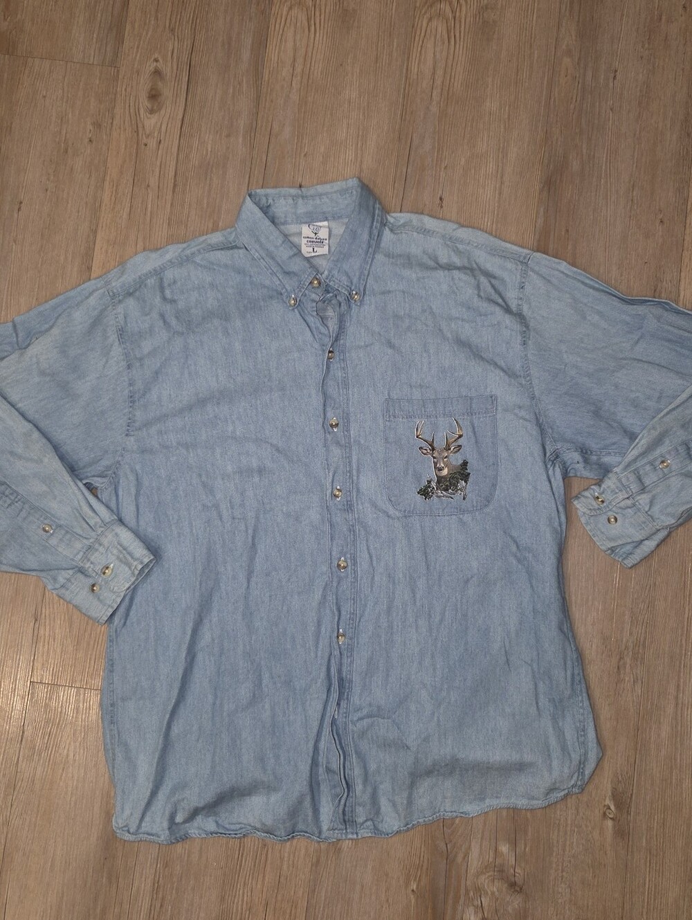 Men's Light Blue Denim Button-Up Shirt with Deer Embroidery